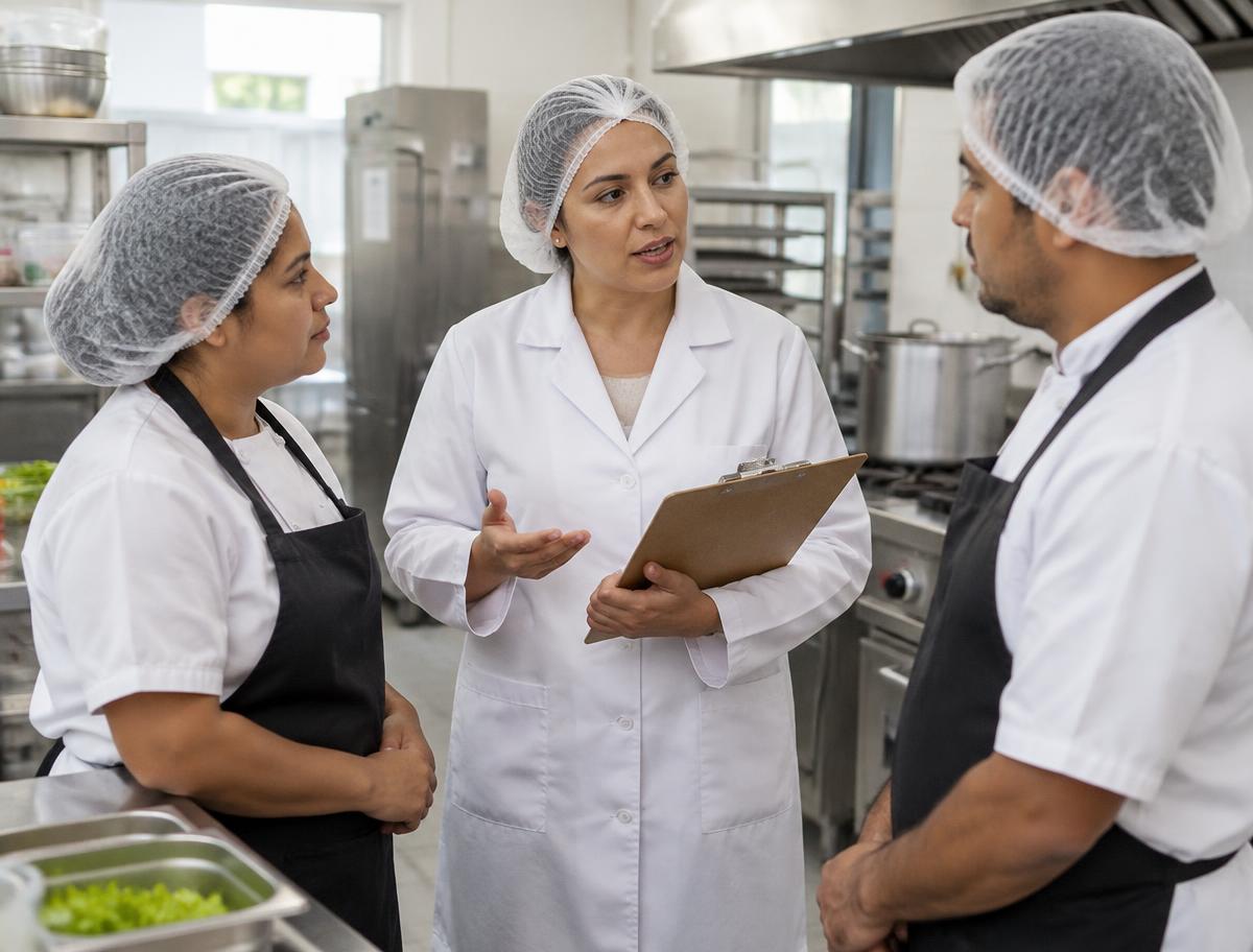 Nutricionista orientando equipe em cozinha profissional