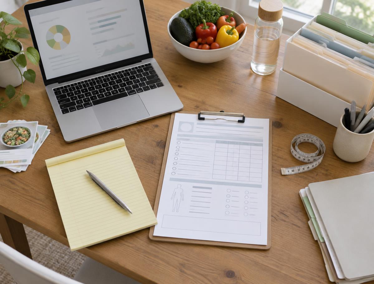 Mesa de trabalho com notebook, formulários e pastas